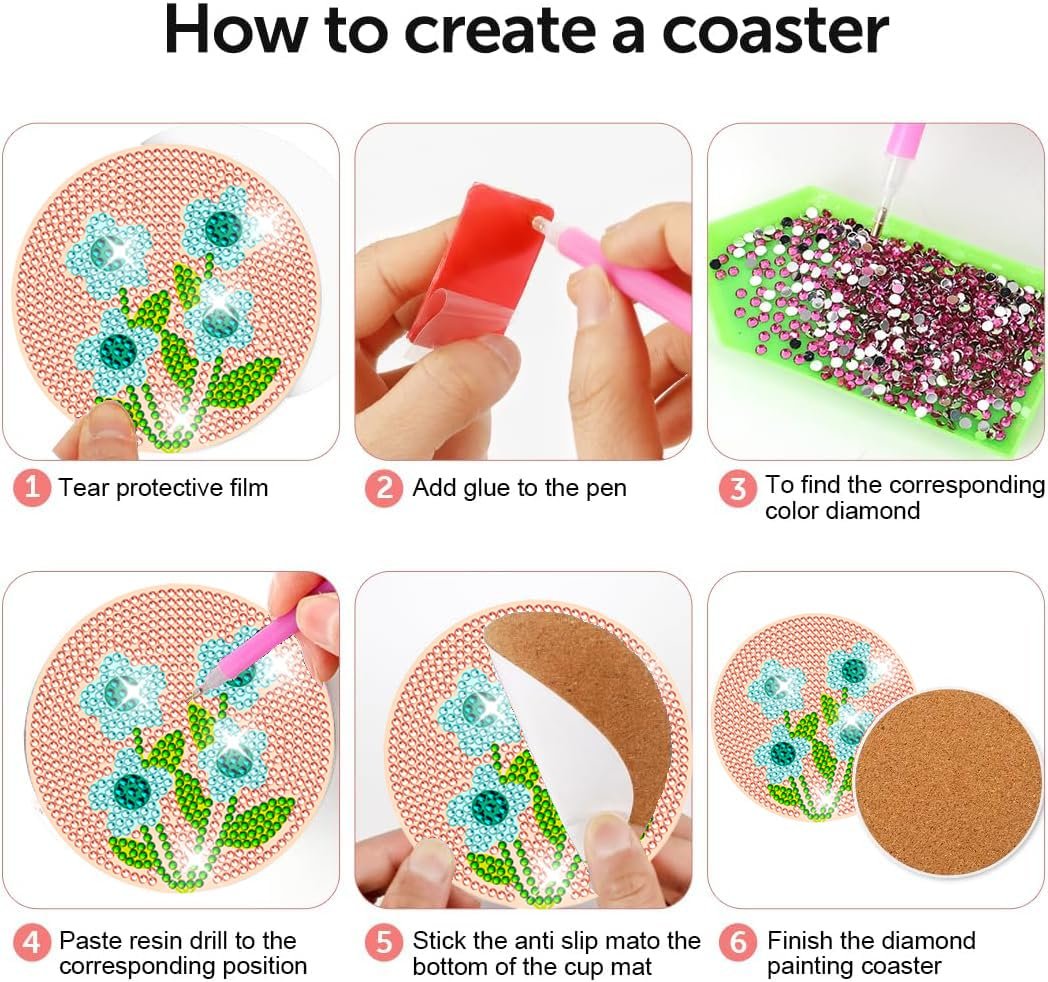 Diamond art coaster kit instructions showing 6 steps to create a coaster with flower designs.