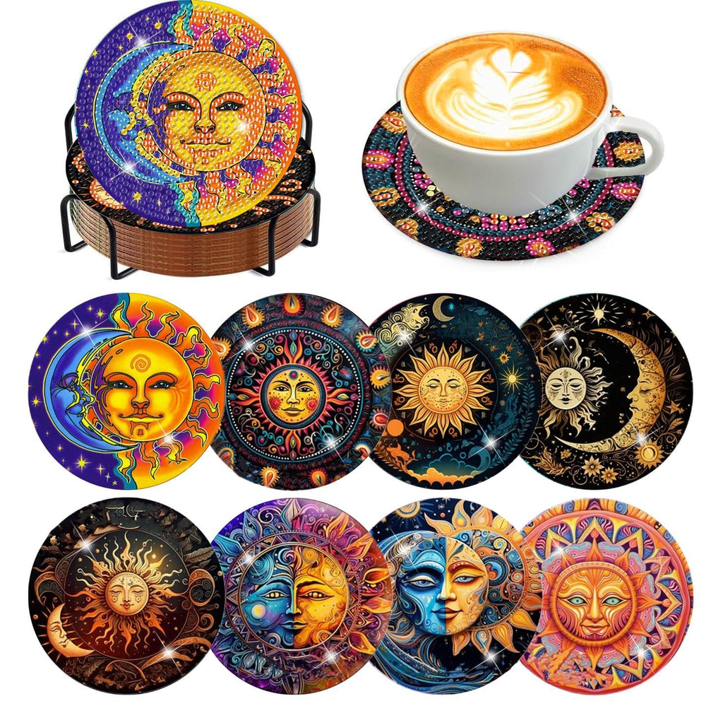 Diamond art coasters with sun and moon designs in a holder and one under a coffee cup