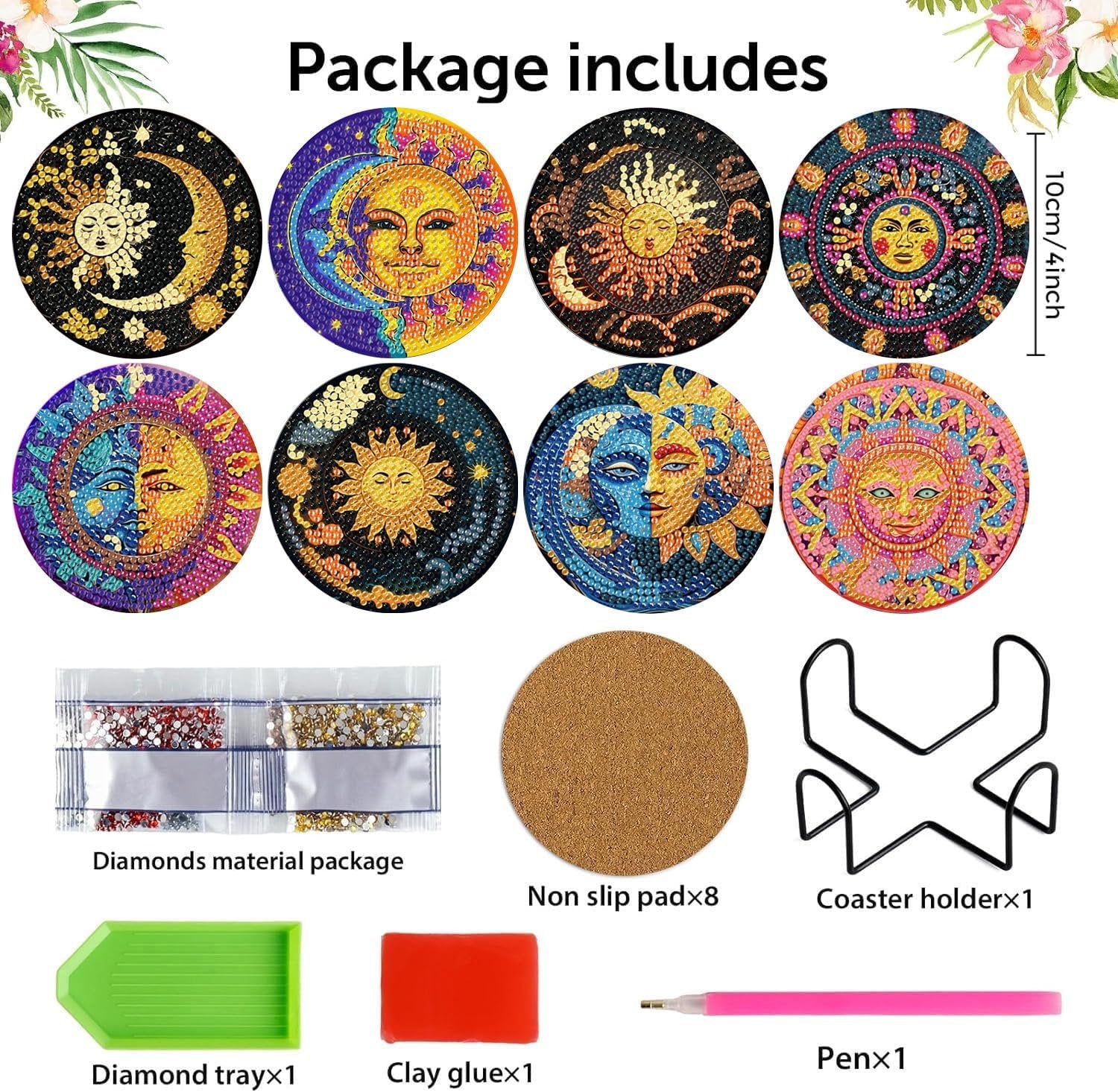 Diamond art coaster kit contents including 8 sun and moon designs, diamond bags, cork pads, holder, tray, glue, and pen.
