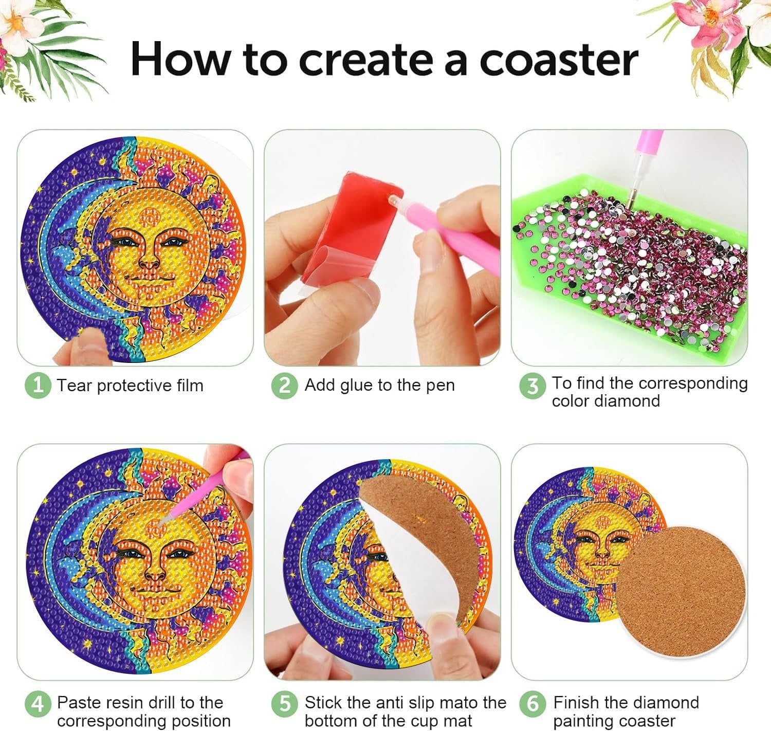 Diamond art coaster kit instructions showing steps to create a sun and moon coaster with numbered callouts.