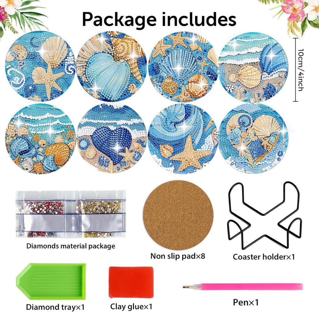 Diamond art coaster kit contents including 8 ocean-themed coasters, diamond bags, tray, glue, pen, coaster holder, and non-slip pads.