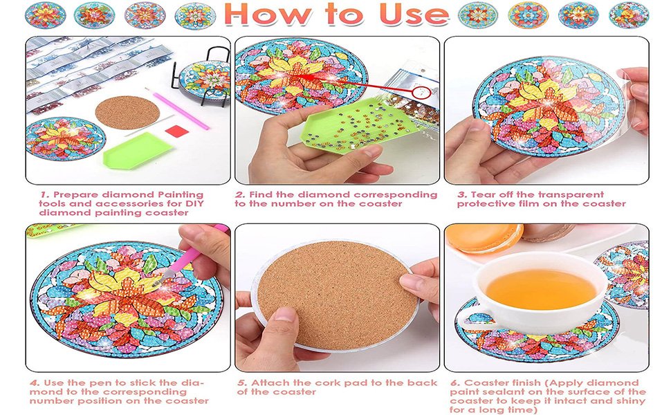 Diamond art coaster kit instructions showing 6 steps from preparation to finished product with holder.