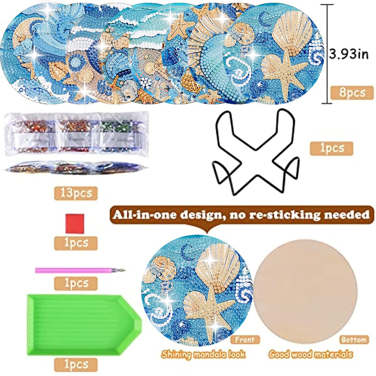 Diamond painting coaster kit contents including 8 ocean-themed coasters, diamond bags, tools, and a holder.