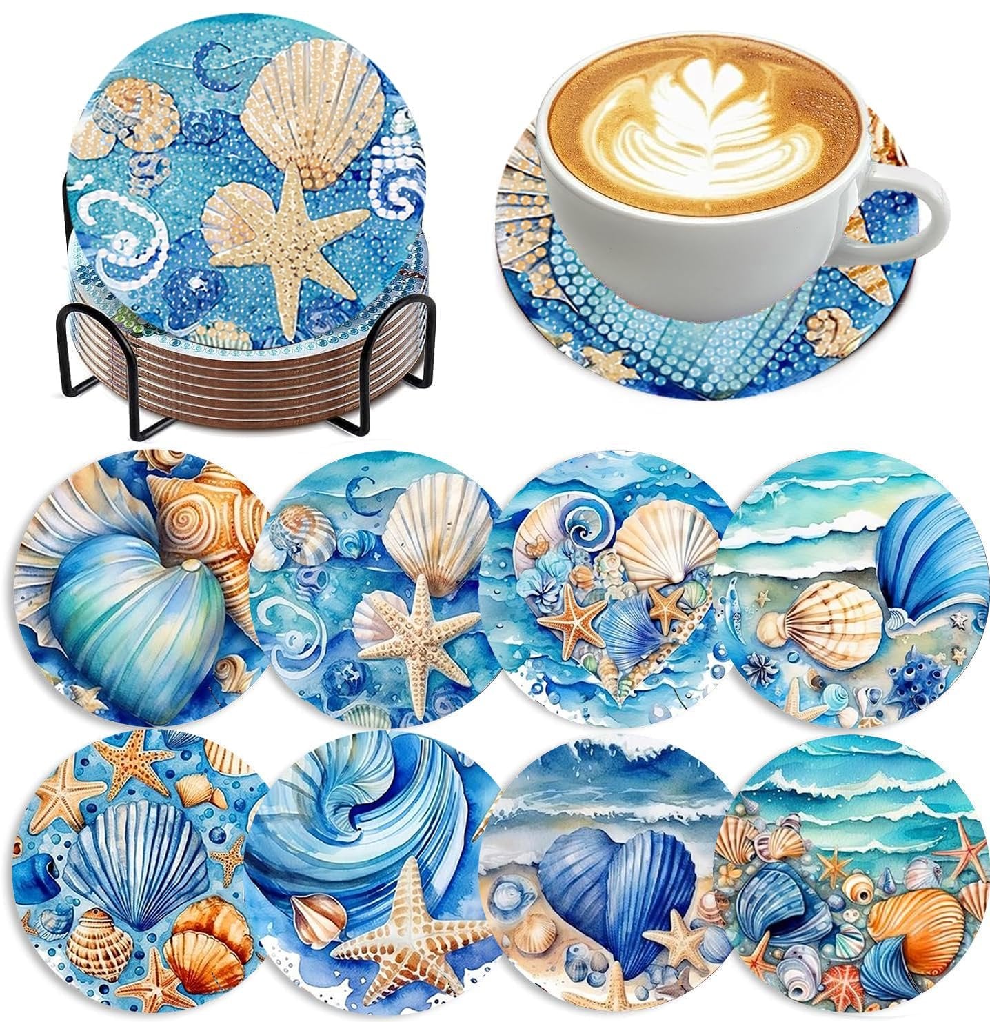 Set of 8 ocean-themed diamond art coasters with holder and a coffee cup on one coaster