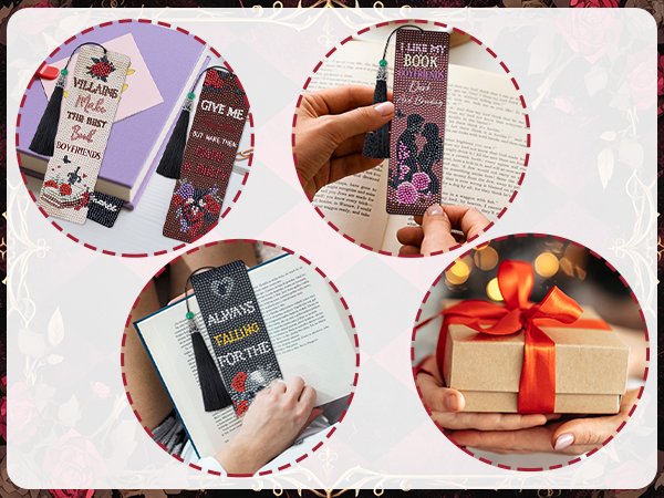 Collage of diamond painting bookmarks and a gift box. One bookmark reads 'Villains Make The Best Boyfriends', another 'Give Me But Wake Them', and a third 'I Like My Book More Than People'.