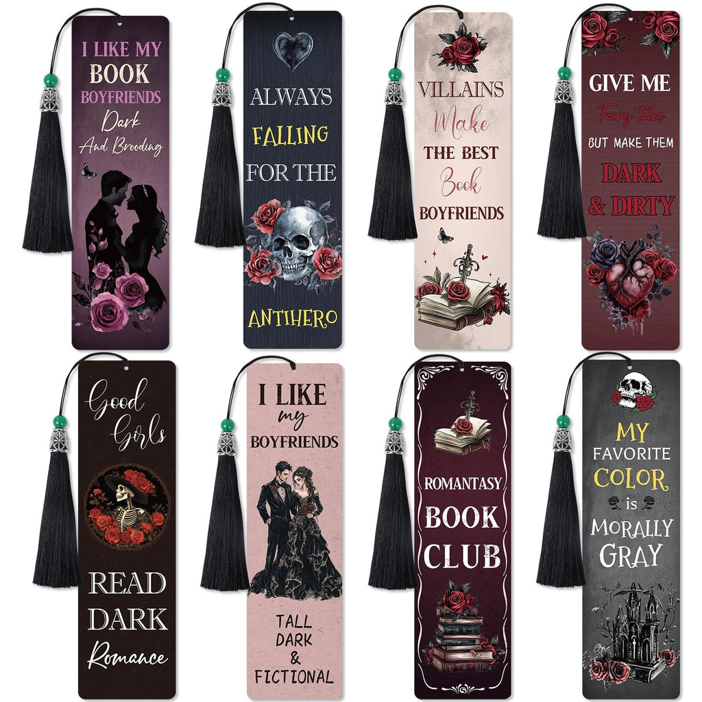 Eight gothic-themed diamond painting bookmark kits with tassels, each featuring unique dark romance designs and text.