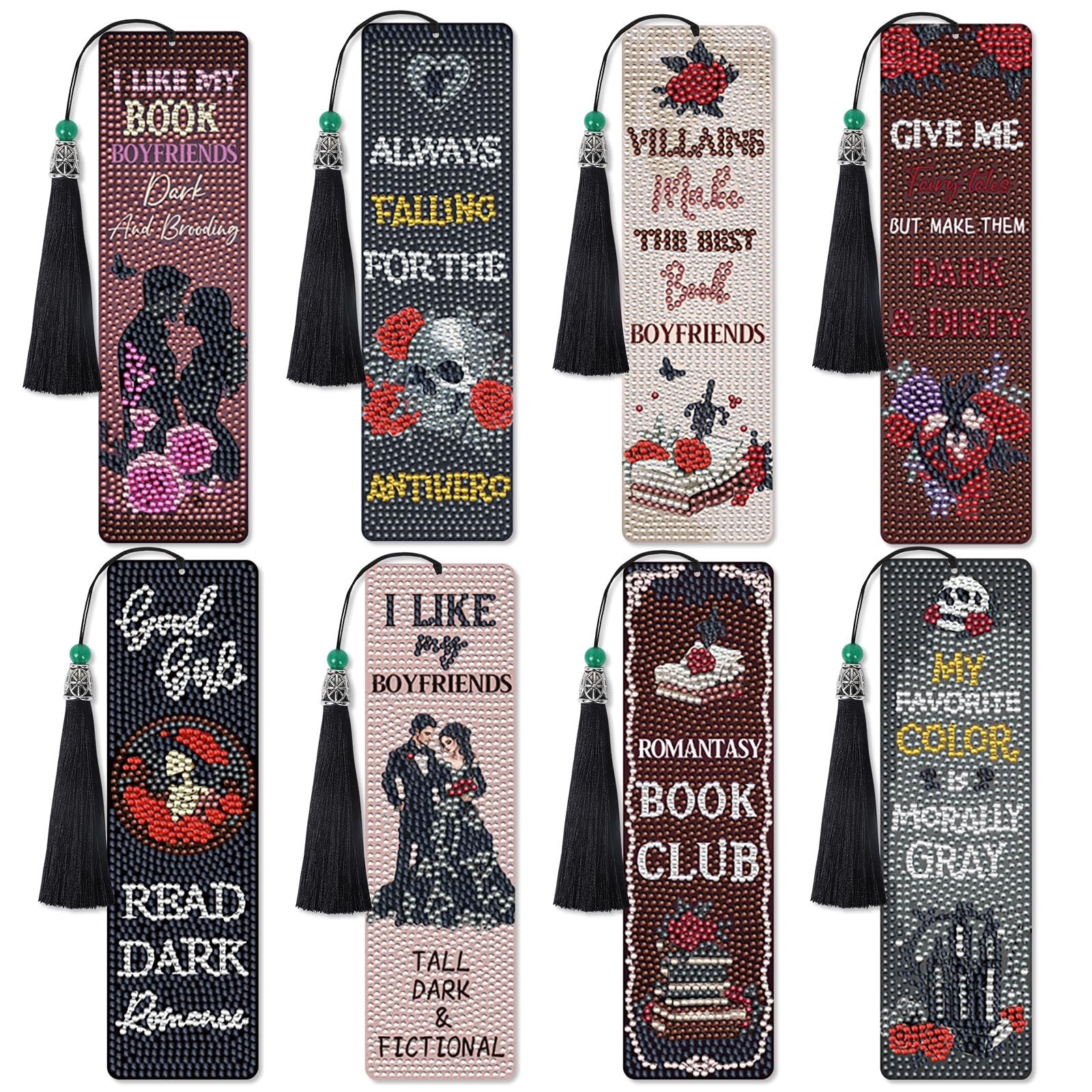 Eight gothic diamond painting bookmark kits with tassels, each featuring different dark romance themes and text.