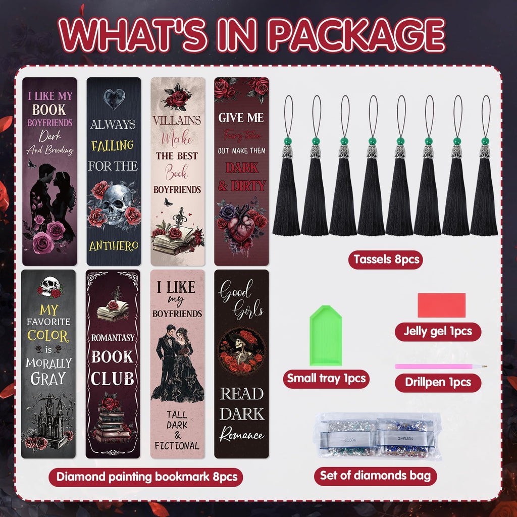 Diamond painting bookmark kit contents including bookmarks, tassels, tray, drill pen, jelly gel, and diamond bags.