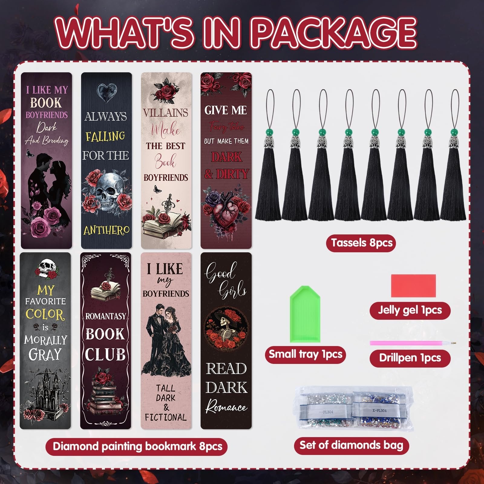 Diamond painting bookmark kit contents including bookmarks, tassels, tray, drill pen, jelly gel, and diamond bags.