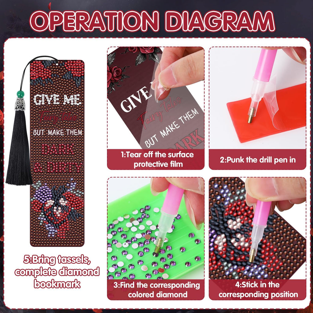 Diamond painting bookmark operation diagram showing steps to create the craft with tassels and gems.