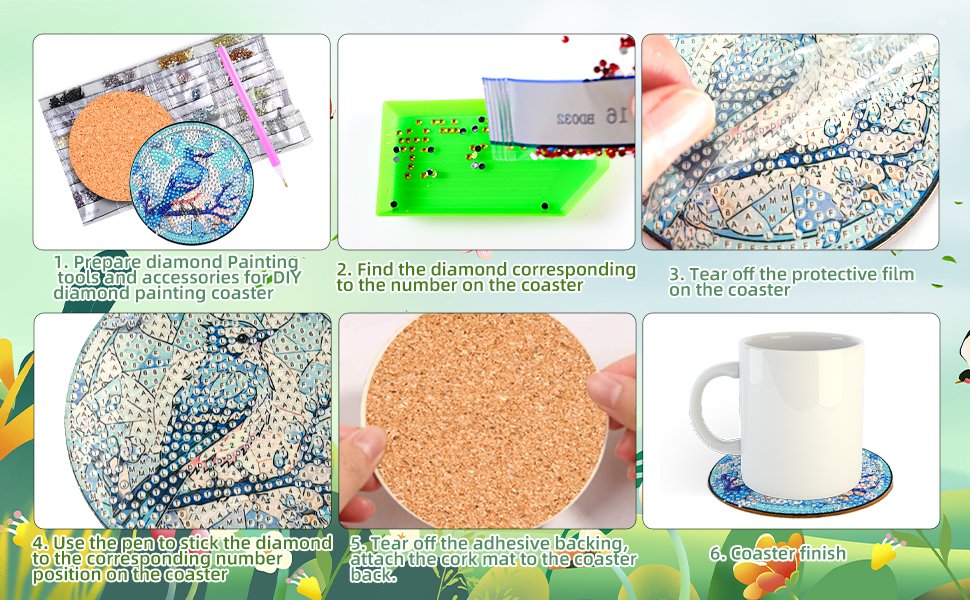 Collage showing steps to create a diamond painting coaster kit, including tools, diamonds, and finished product on a mug.