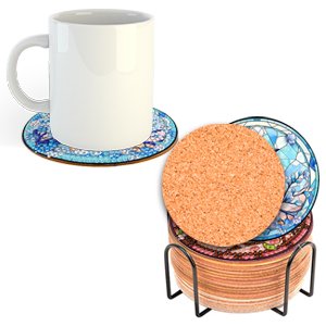 Diamond painting coasters kit with holder and a mug on a coaster