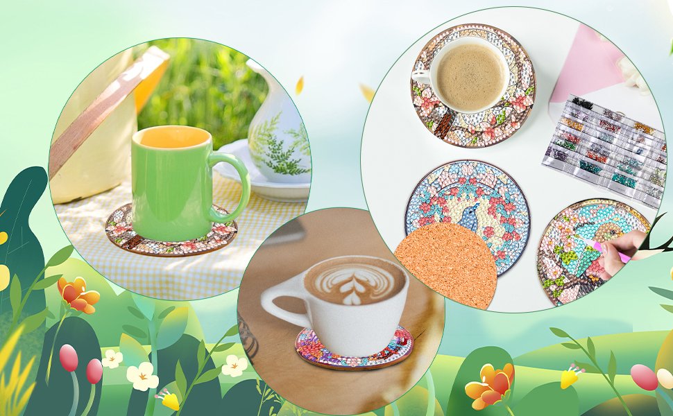 Diamond painting coasters with birds and flowers shown with coffee cups and a holder, plus diamond painting supplies.