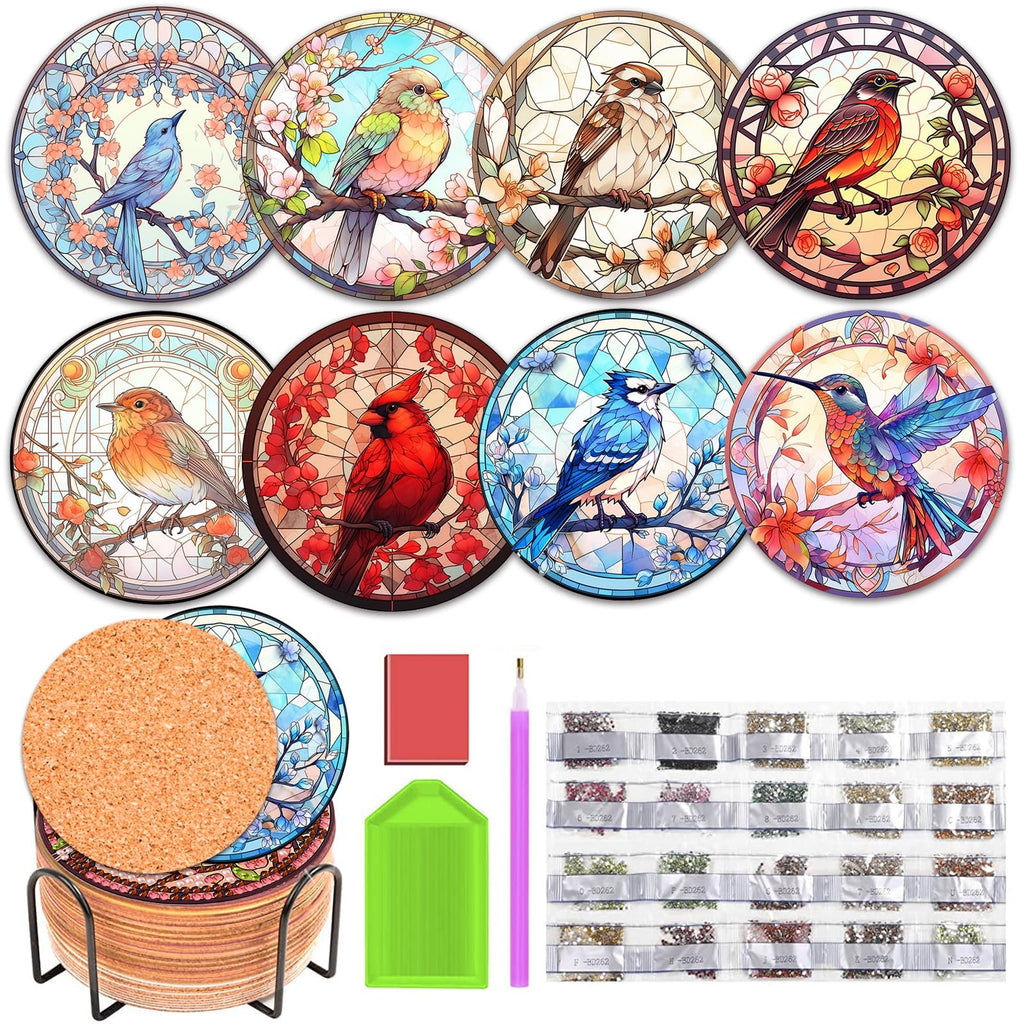Diamond painting coaster kit with 8 bird designs, cork bases, holder, drill pen, and diamond bags.