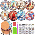 Diamond painting coaster kit with 8 bird designs, cork bases, holder, drill pen, and diamond bags.