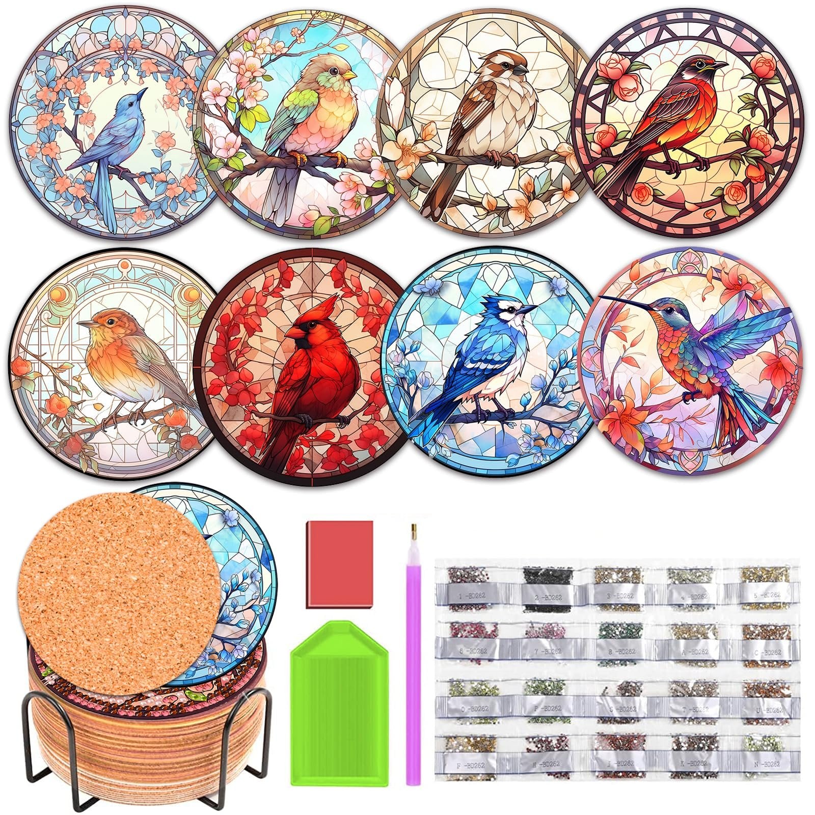 Diamond painting coaster kit with 8 bird designs, cork bases, holder, drill pen, and diamond bags.