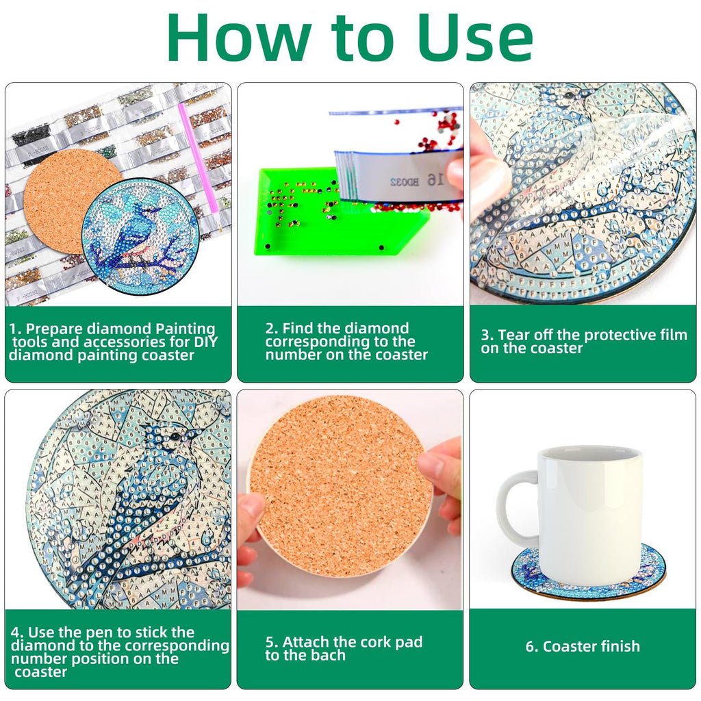Diamond painting coasters kit instructions showing steps from preparation to finished product with a mug.