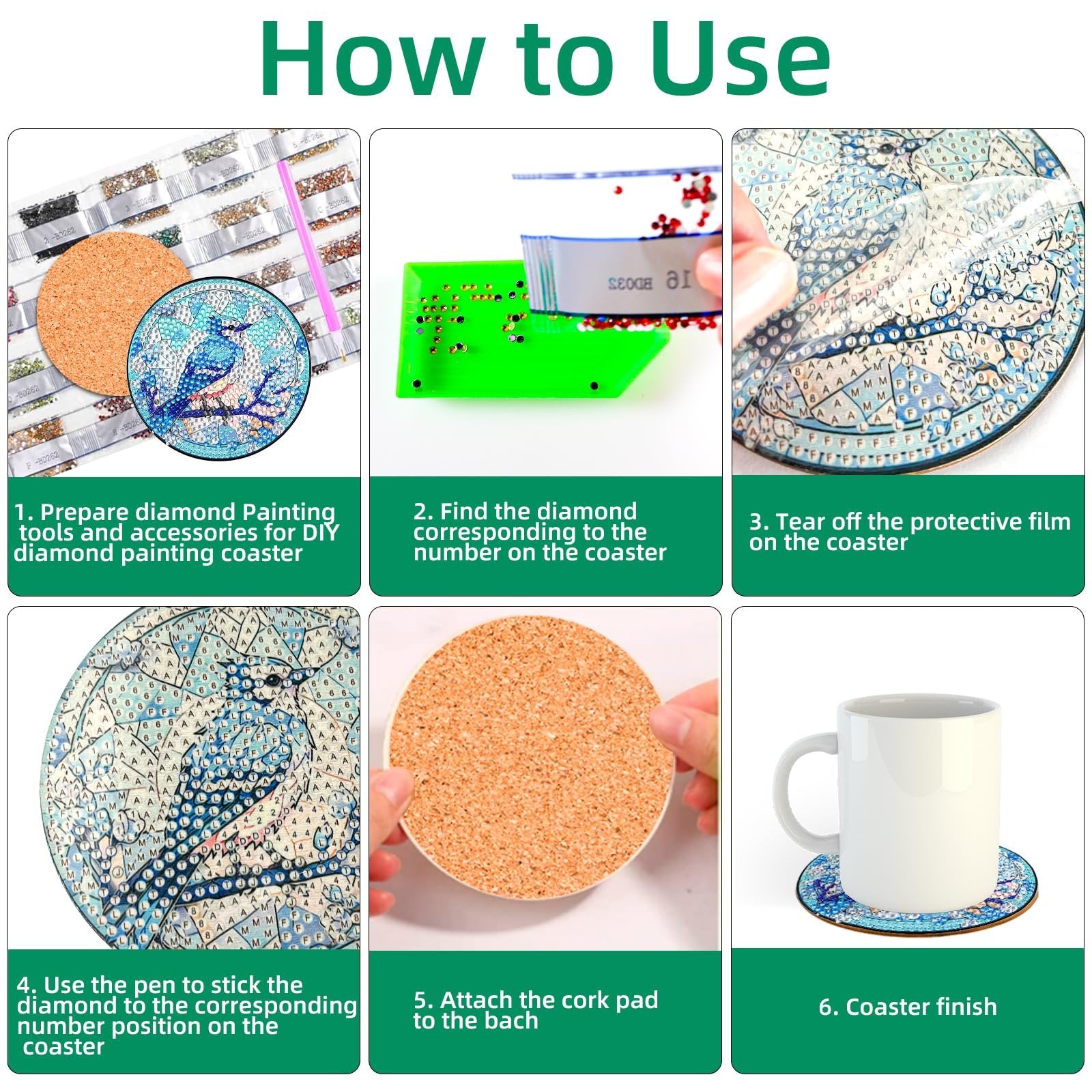 Diamond painting coasters kit instructions showing steps from preparation to finished product with a mug.