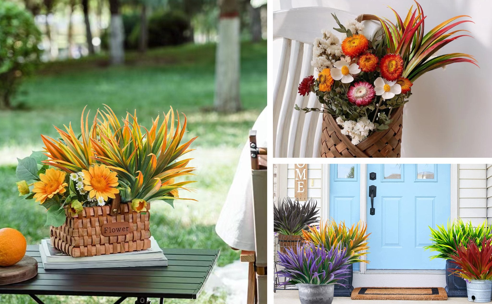 Collage of artificial plants in various settings: outdoor table, basket, and front door.