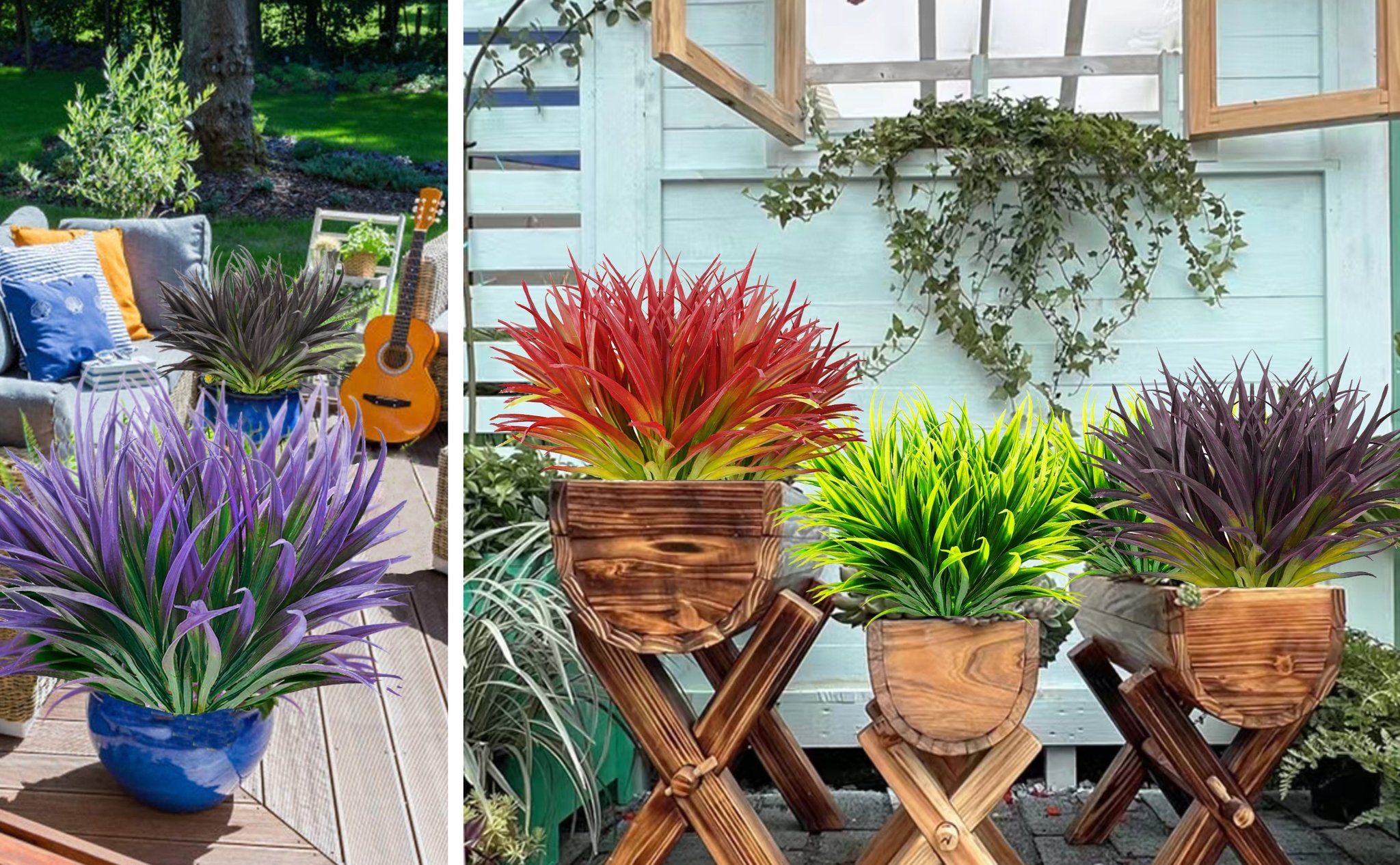 Assortment of artificial tall grass plants in various colors, including purple, red, green, and dark purple, displayed in planters on a wooden deck and against a light blue fence.