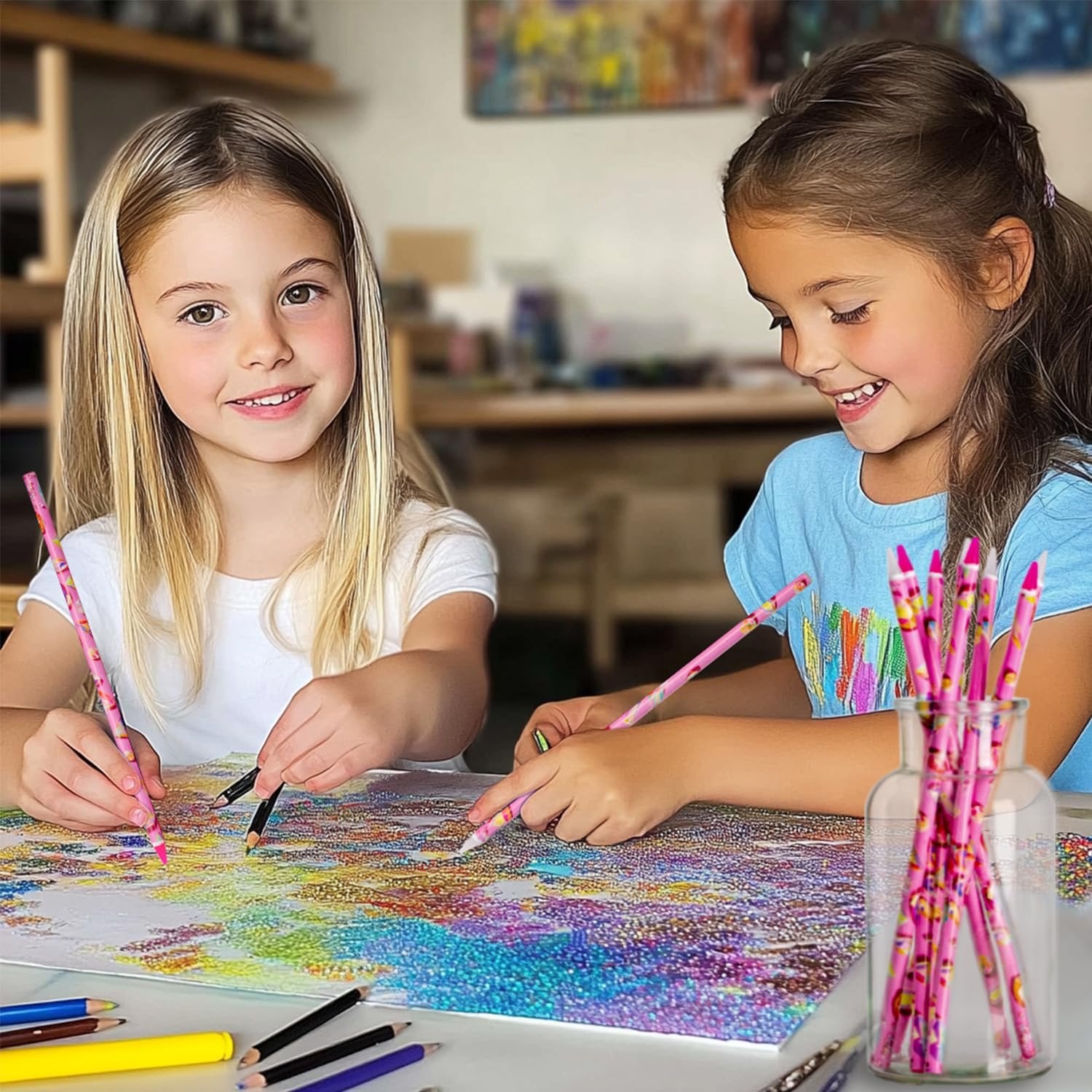 Two young girls working on a diamond painting kit, using rhinestone picker tools and colored pencils.