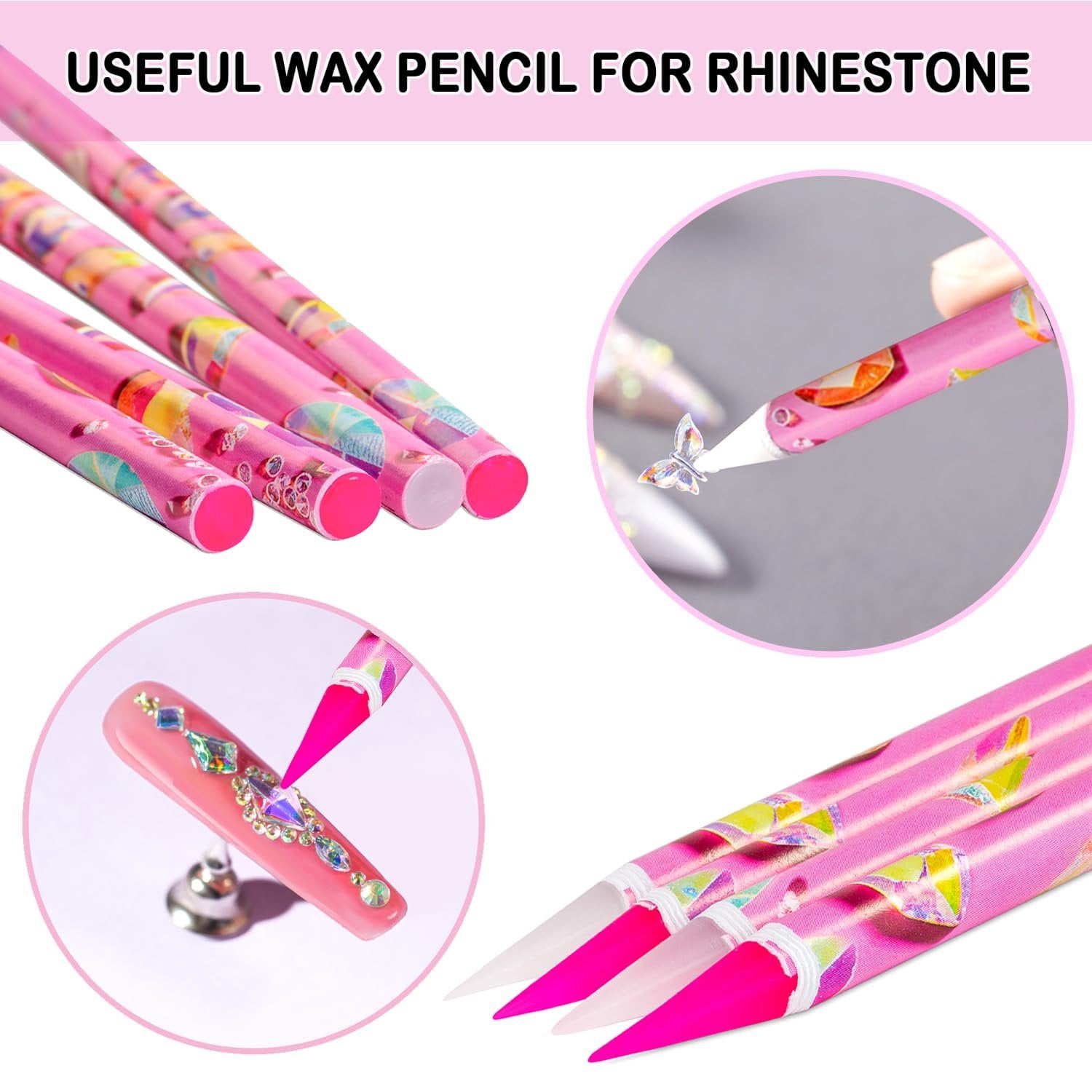 Four pink rhinestone picker wax pencils with colorful patterns, one picking up a butterfly gem.