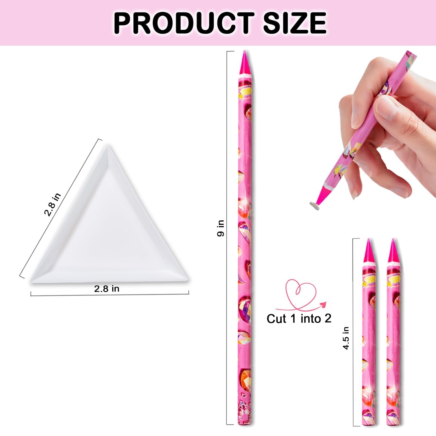 Diamond painting tool kit with trays and wax pencils showing product dimensions