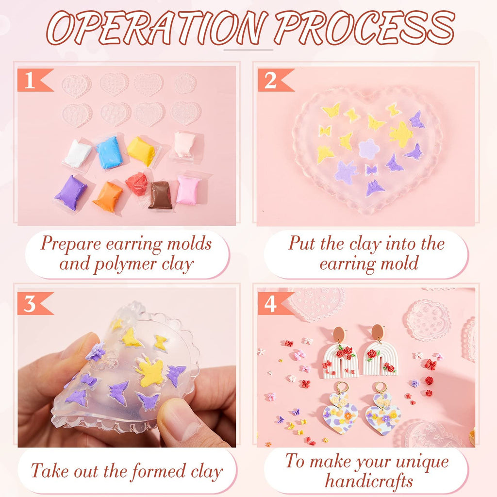 Four-panel graphic showing the process of making polymer clay earrings using flower and butterfly molds.