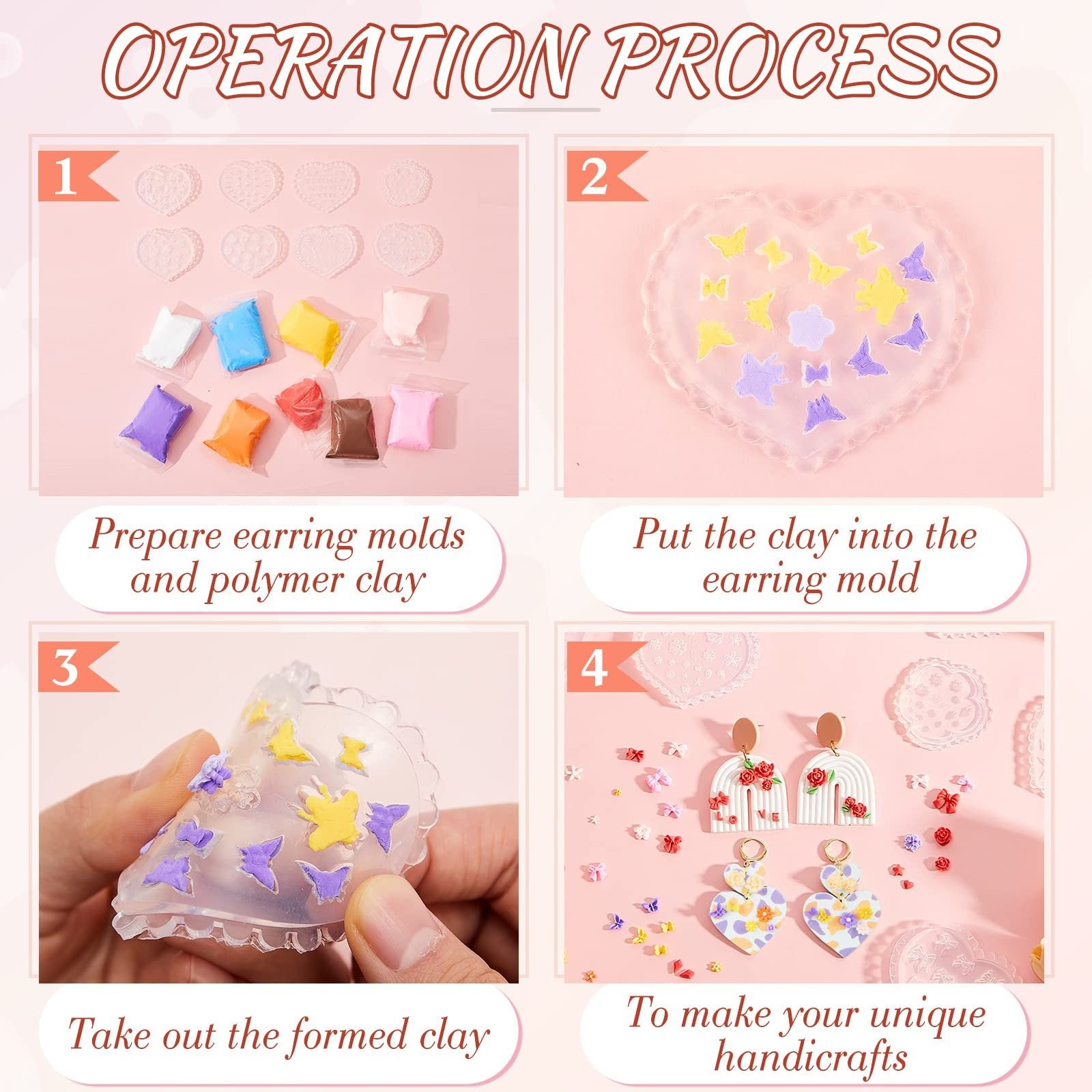 Four-panel graphic showing the process of making polymer clay earrings using flower and butterfly molds.
