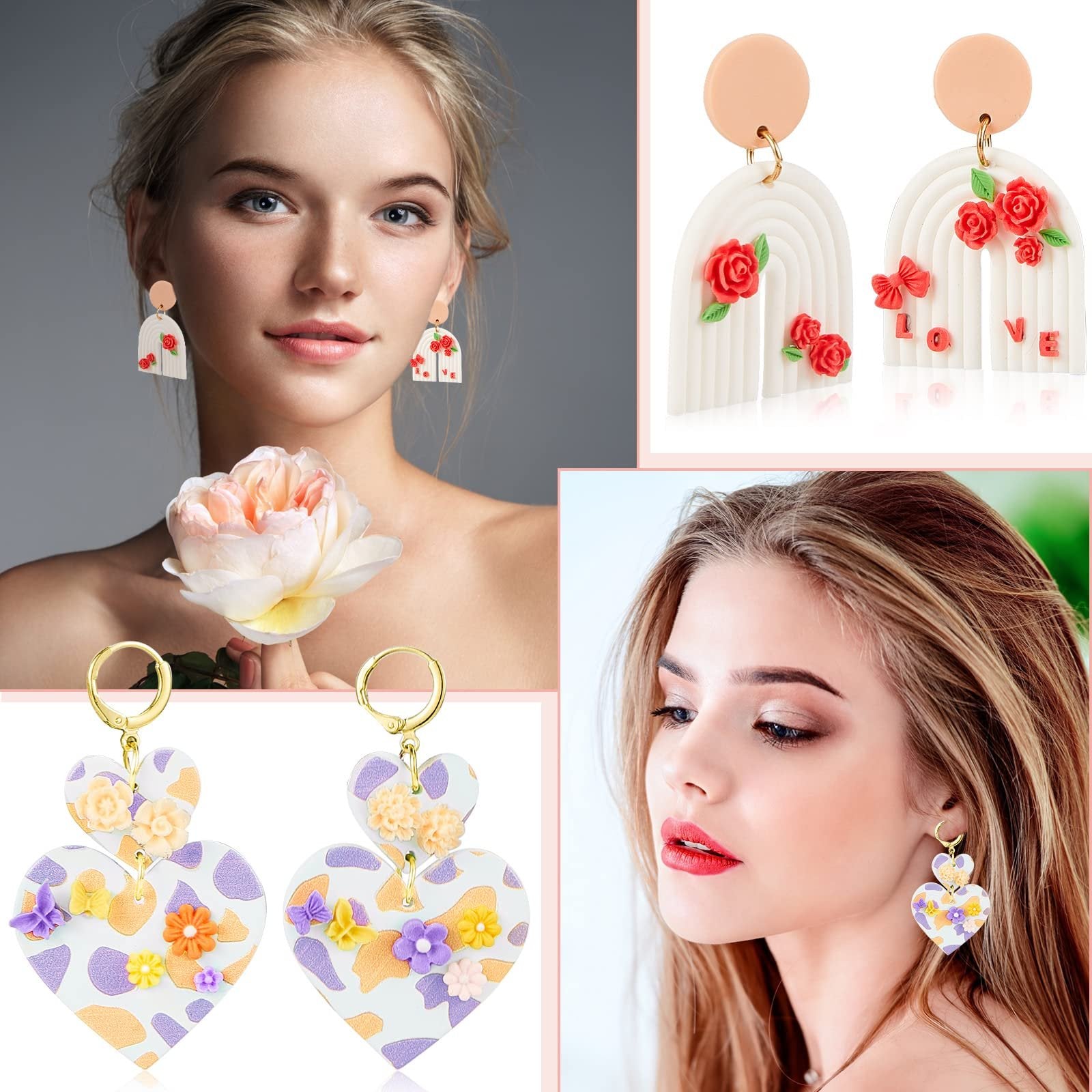 Collage of women wearing floral heart and rainbow arch earrings, with close-ups of the jewelry.