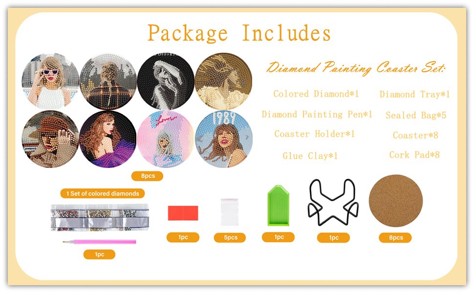 Diamond art coaster kit package contents including 8 diamond art coasters, diamond tray, pen, glue clay, holder, and cork pads.