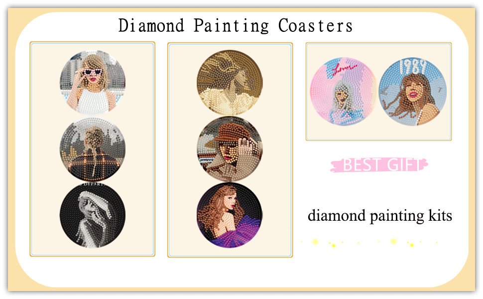 Diamond painting coasters featuring portraits of women, some with text like 'Lover' and '1989'.