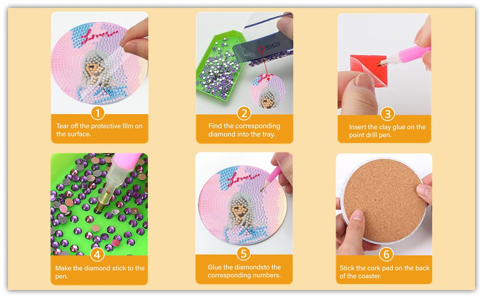 Diamond art coaster kit instructions showing 6 steps: peeling film, sorting diamonds, adding glue, picking diamonds, placing diamonds, and attaching cork backing.