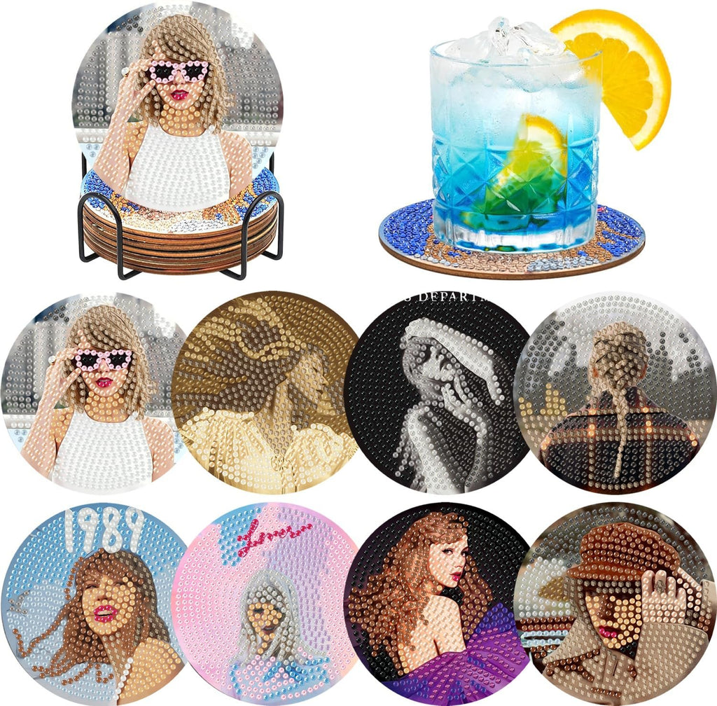 Diamond art coaster kit with holder and a drink on a coaster