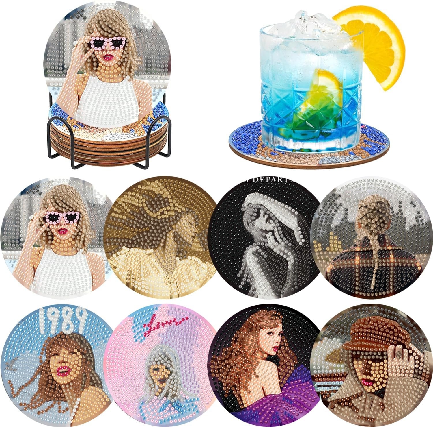 Diamond art coaster kit with holder and a drink on a coaster