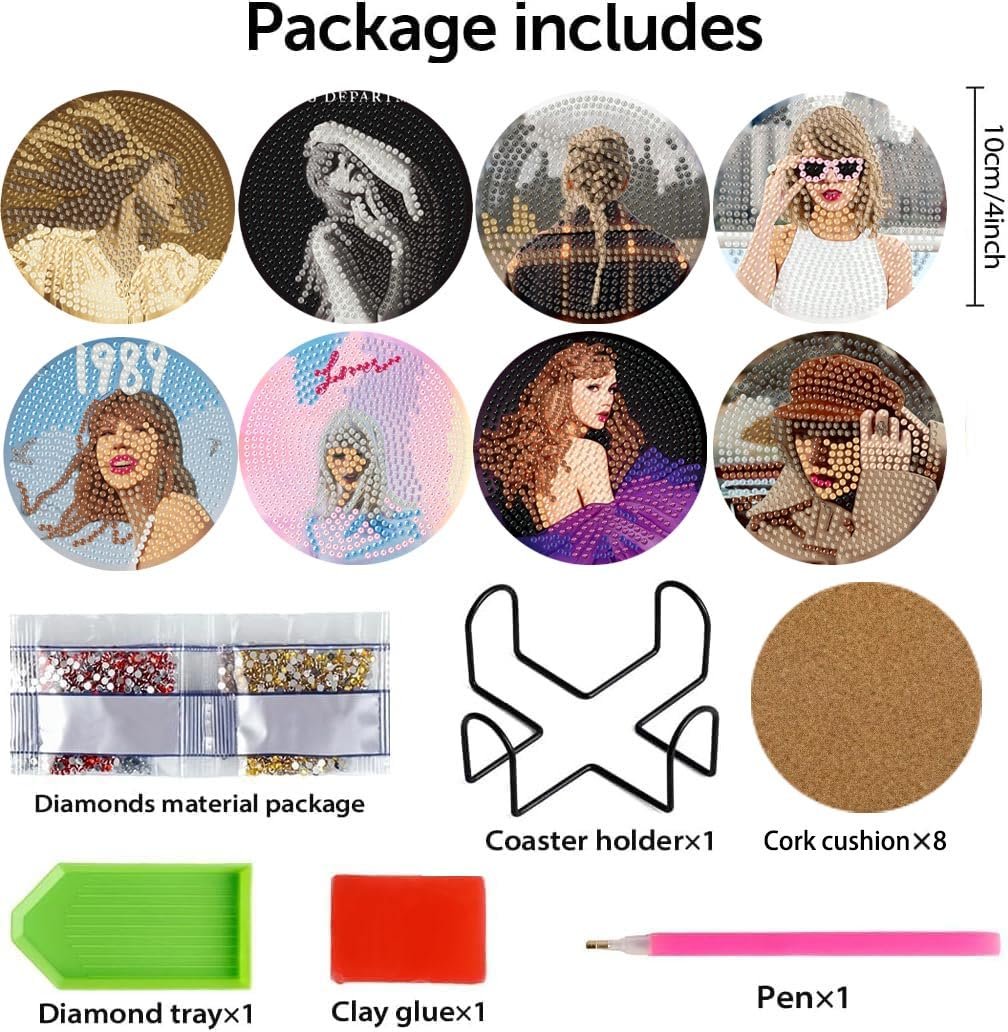 Diamond art coaster kit contents laid out, showing 8 circular designs, diamond bags, tray, glue, pen, holder, and cork cushions.