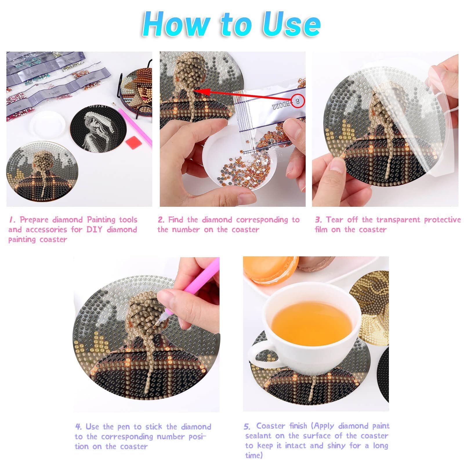 Collage showing the 5 steps to create a diamond art coaster, including tools, diamonds, and finished product.