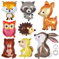 Collection of eight woodland animal foil balloons including a fox, raccoon, deer, owl, hedgehog, bear, squirrel, and rabbit, with two rolls of tape.