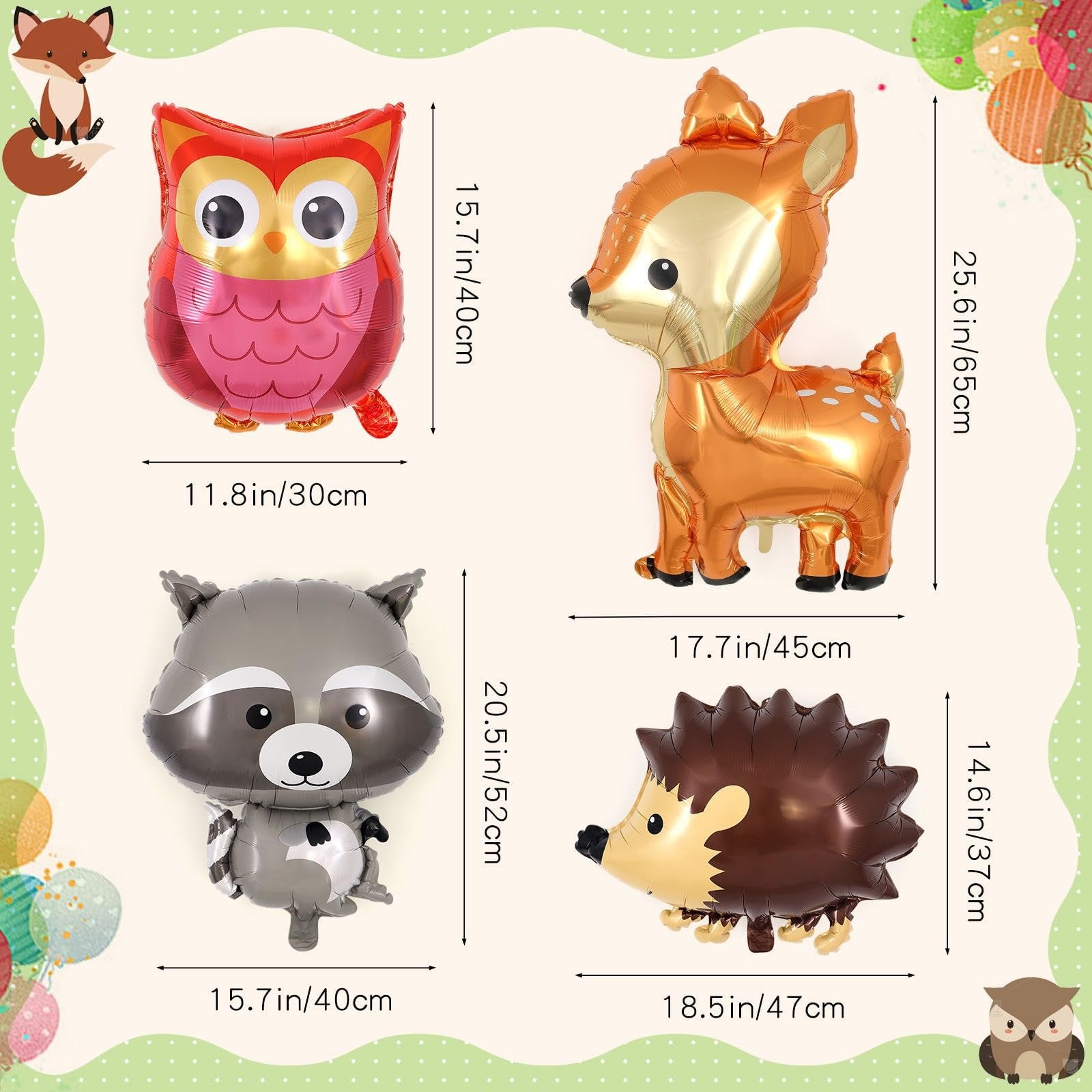 Four woodland animal foil balloons: owl, deer, raccoon, and hedgehog, with dimensions shown.