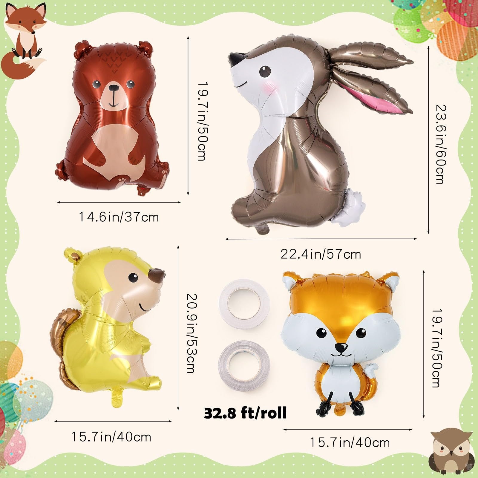 Four woodland animal foil balloons: bear, rabbit, squirrel, and fox, with size dimensions and ribbon rolls.