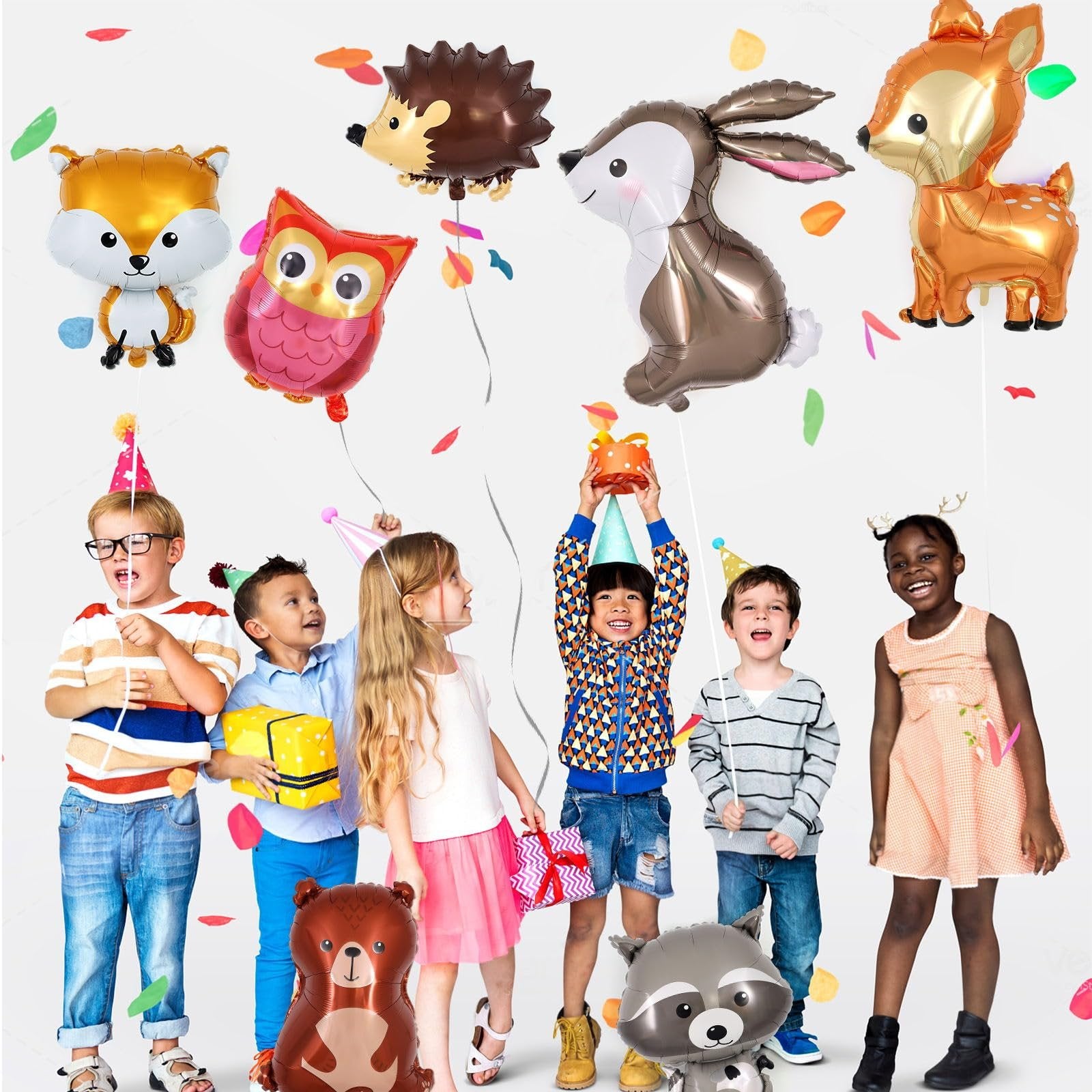 Children in party hats holding woodland animal balloons including fox, owl, hedgehog, rabbit, deer, bear, and raccoon.