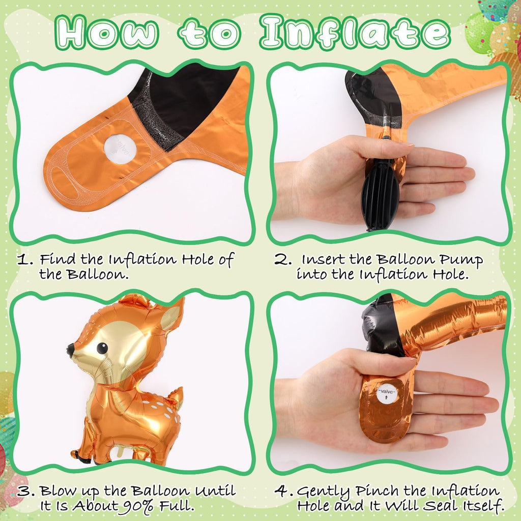 Four-panel graphic showing how to inflate woodland animal foil balloons, including finding the valve, inserting a pump, inflating, and sealing.