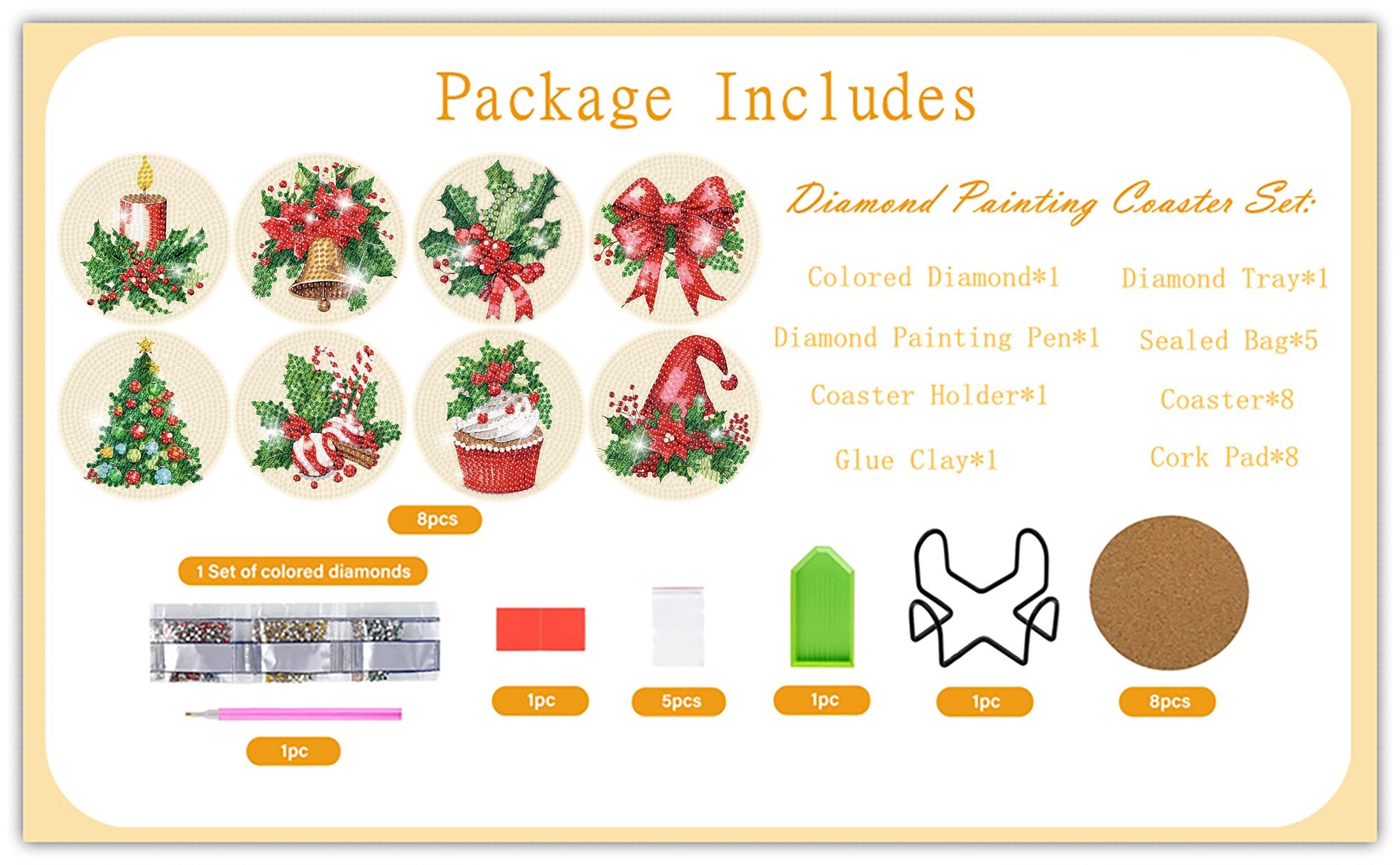 Christmas diamond painting coaster kit contents laid out, showing 8 designs, colored diamonds, pen, holder, glue clay, tray, bags, coasters, and cork pads.