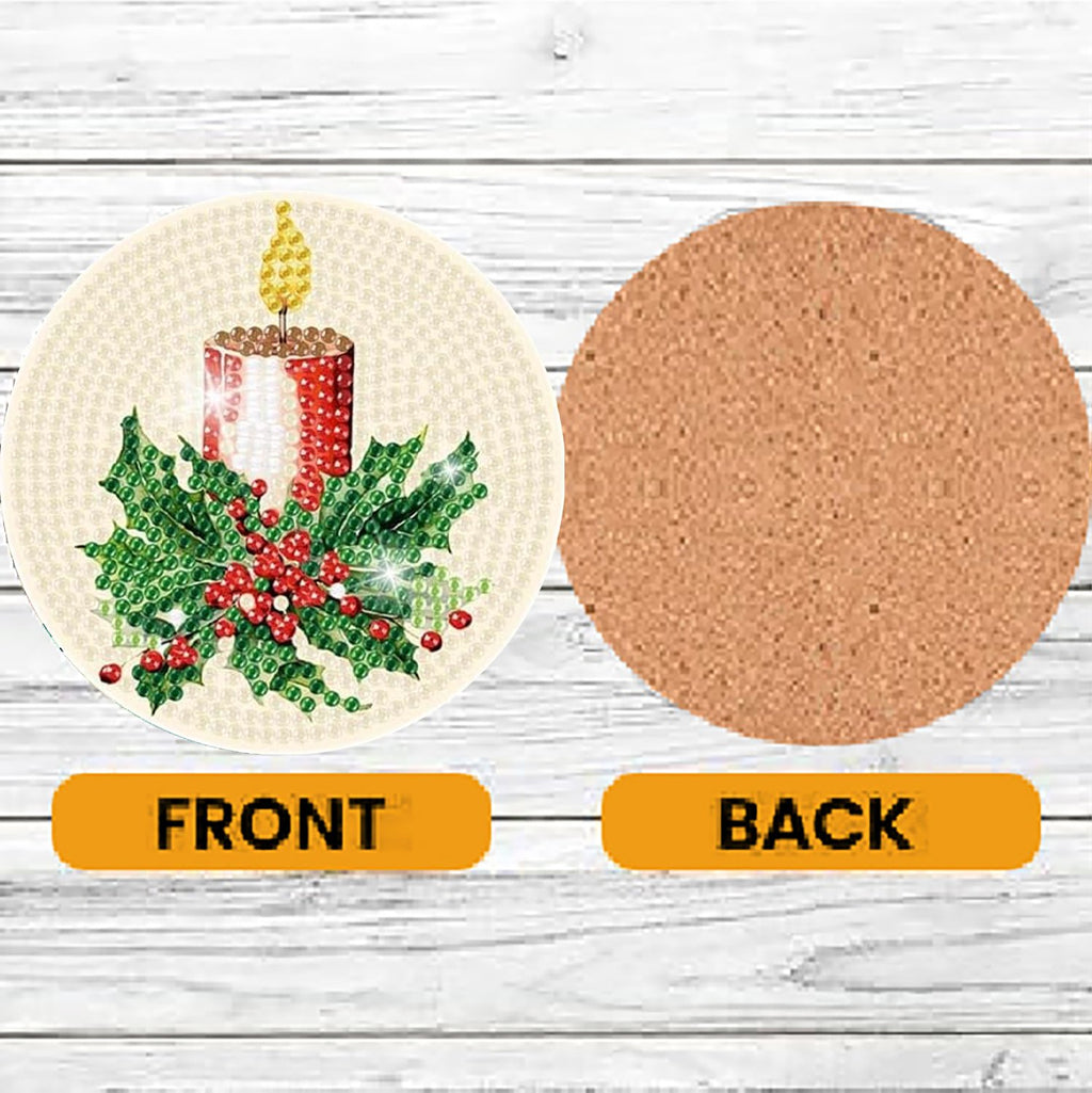 Christmas diamond painting coaster kit showing front with candle and holly, and back with cork pad.