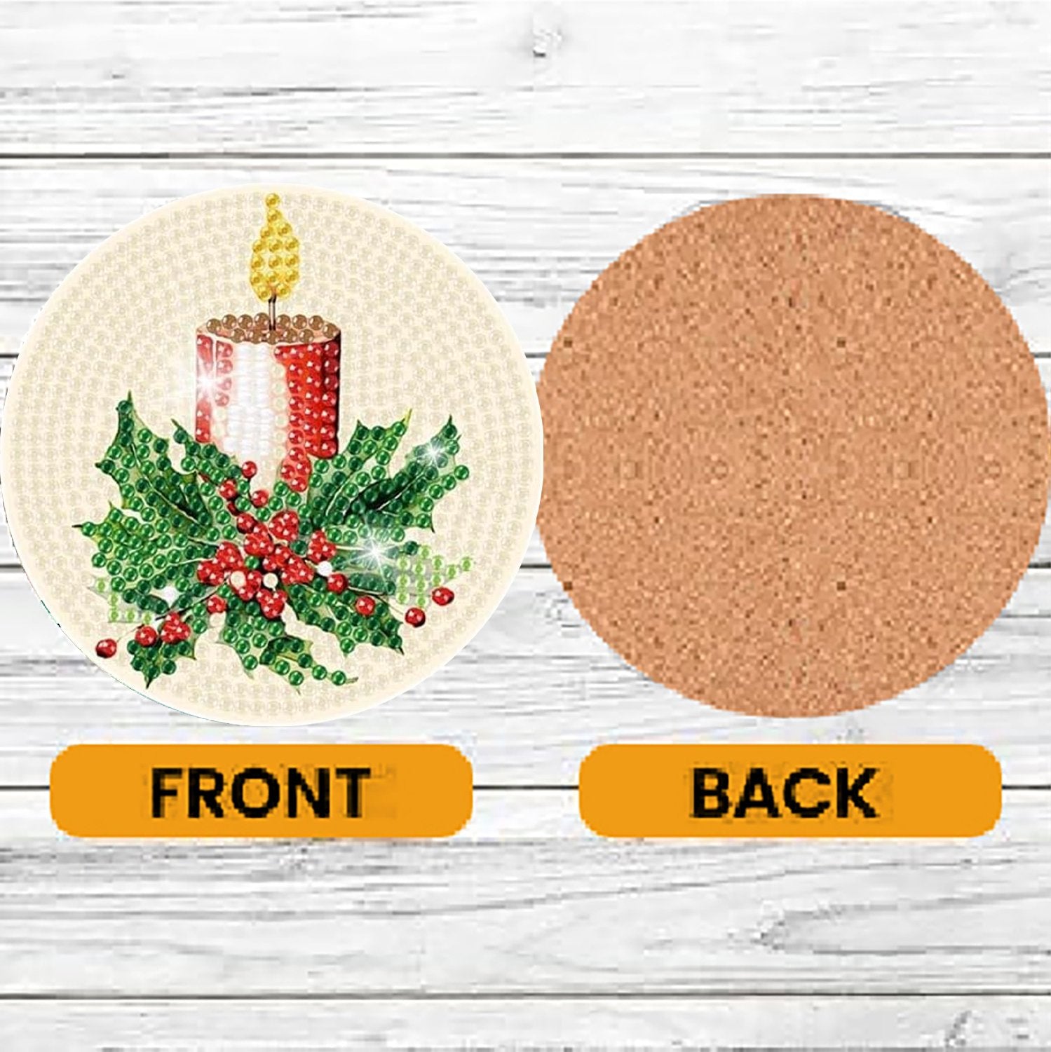 Christmas diamond painting coaster kit showing front with candle and holly, and back with cork pad.