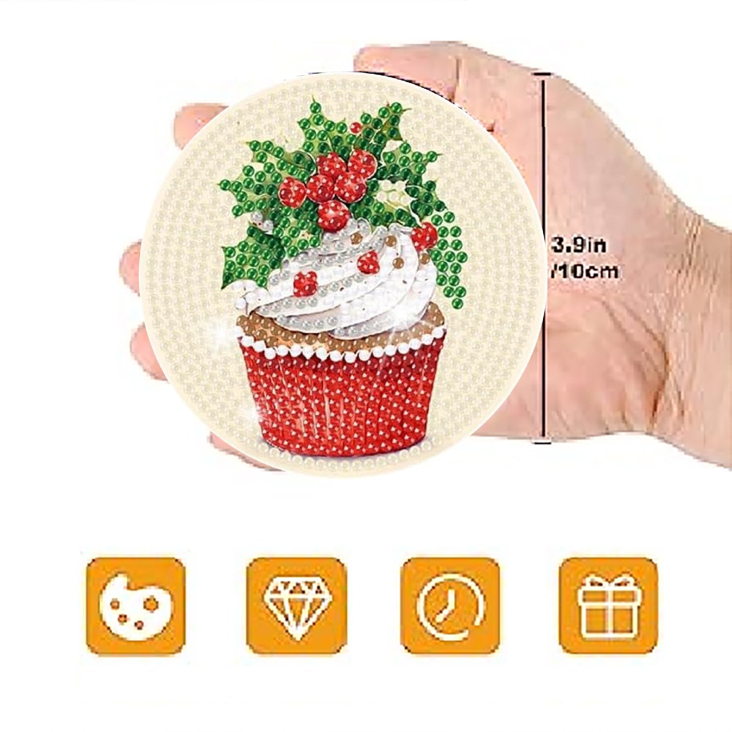 Hand holding a round Christmas cupcake diamond painting coaster, showing size reference