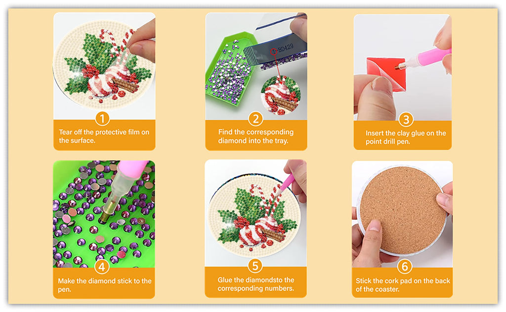 Diamond painting coaster kit instructions showing 6 steps: peeling film, sorting diamonds, adding glue, picking diamonds, placing diamonds, and attaching cork pad.