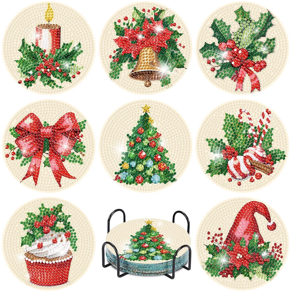 Christmas diamond painting coaster kit with 7 designs and a holder, including candle, bell, holly, bow, tree, candy canes, cupcake, and gnome hat.