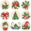 Christmas diamond painting coaster kit with 7 designs and a holder, including candle, bell, holly, bow, tree, candy canes, cupcake, and gnome hat.