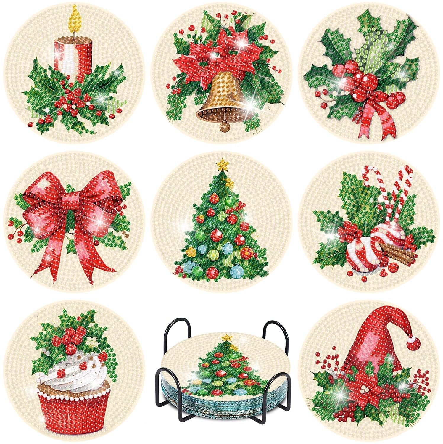 Christmas diamond painting coaster kit with 7 designs and a holder, including candle, bell, holly, bow, tree, candy canes, cupcake, and gnome hat.